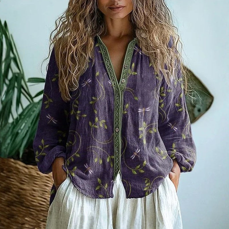 Ebba™ - Elegant Blus med Bladtryck